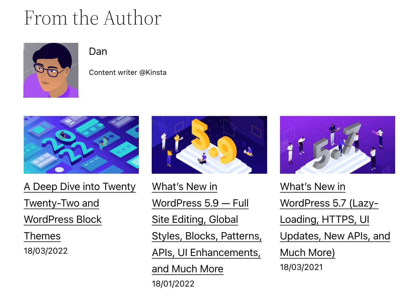 Un bloc de groupe comprenant l'auteur de l'article et les derniers articles