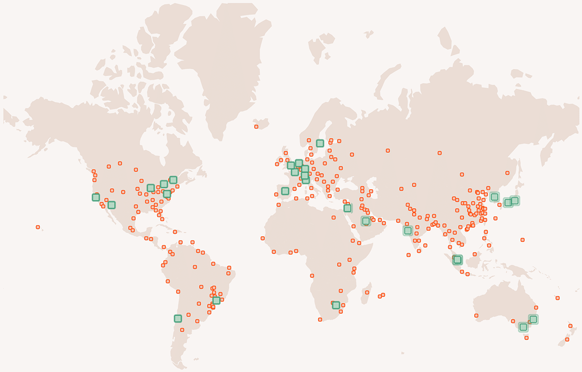 A map representing data centers located around the world.