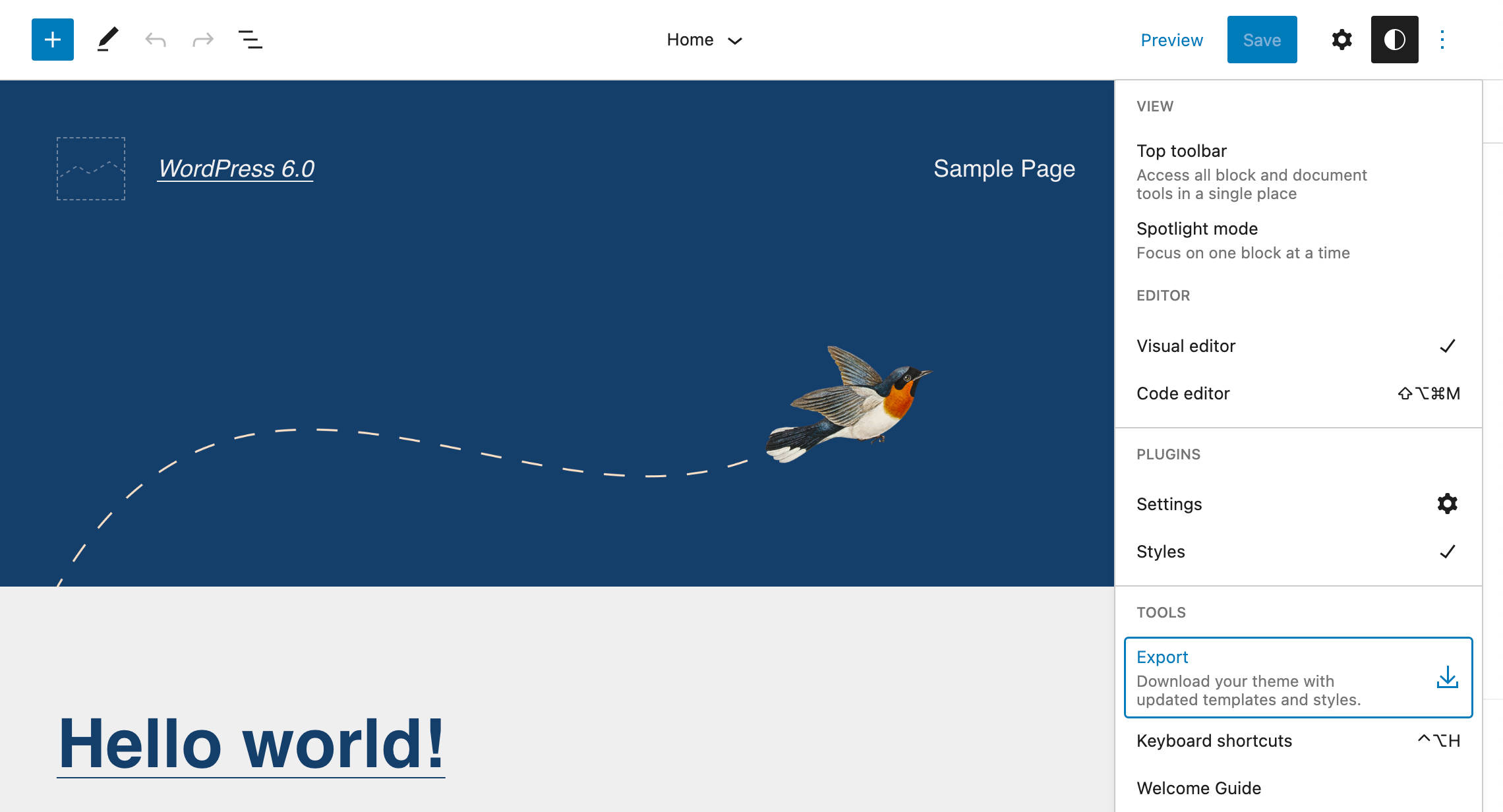 エディタインターフェースからテーマをエクスポート