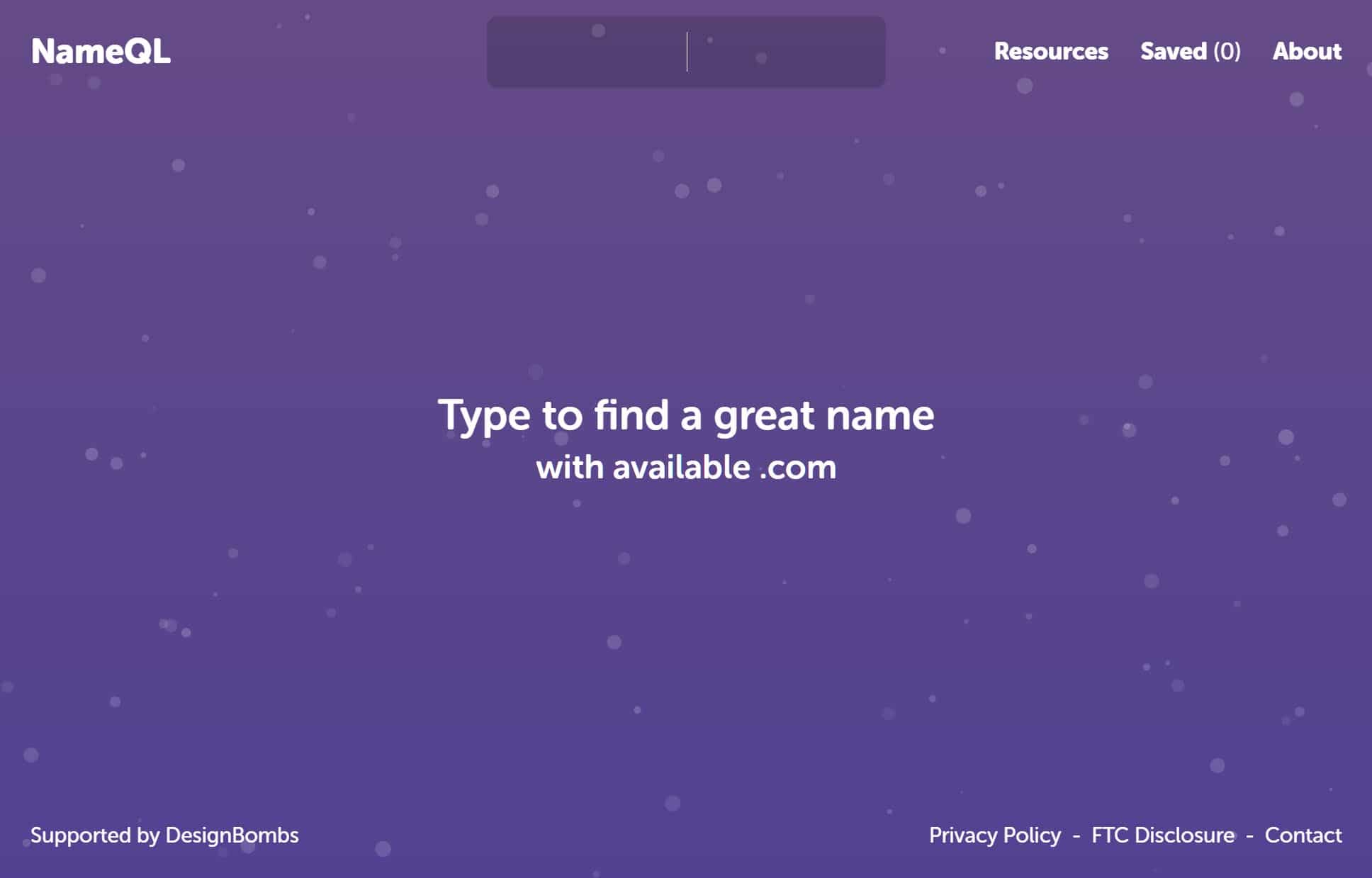 The NameQL homepage, showing the words 