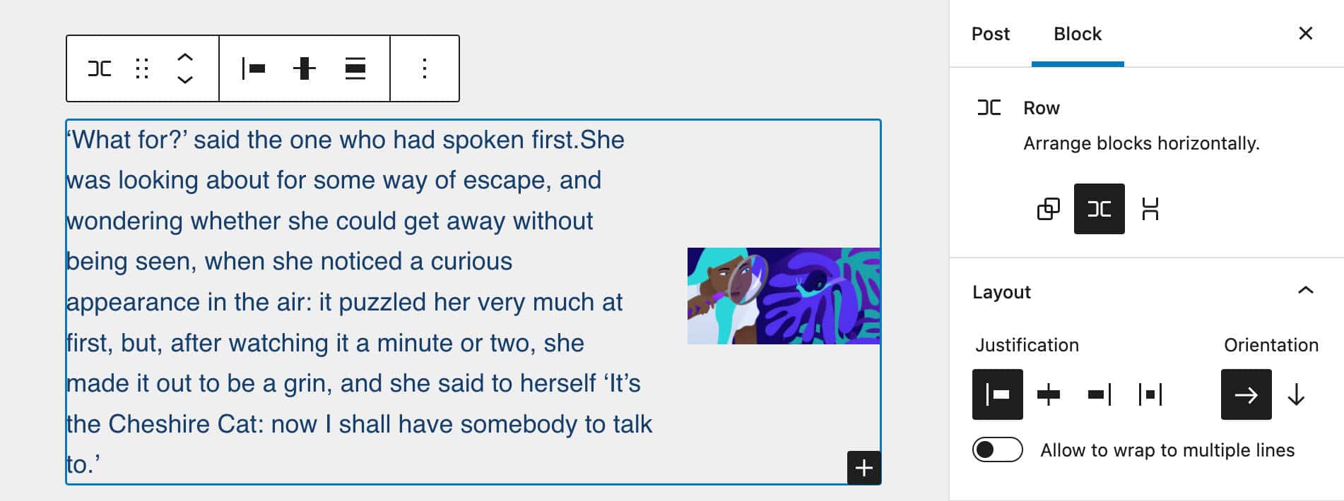 行ブロックでは、ブロックが水平に並べて表示される