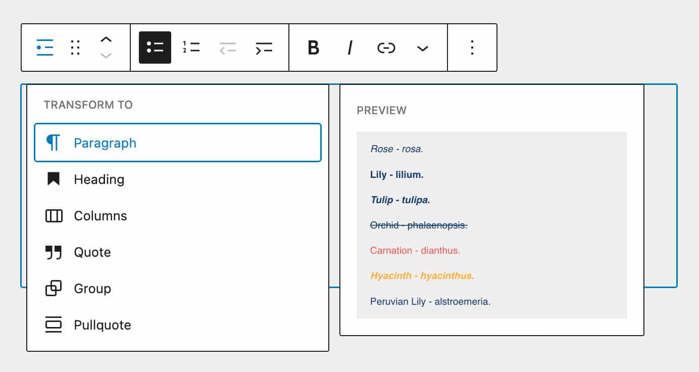 リストブロックを段落ブロックへ変換