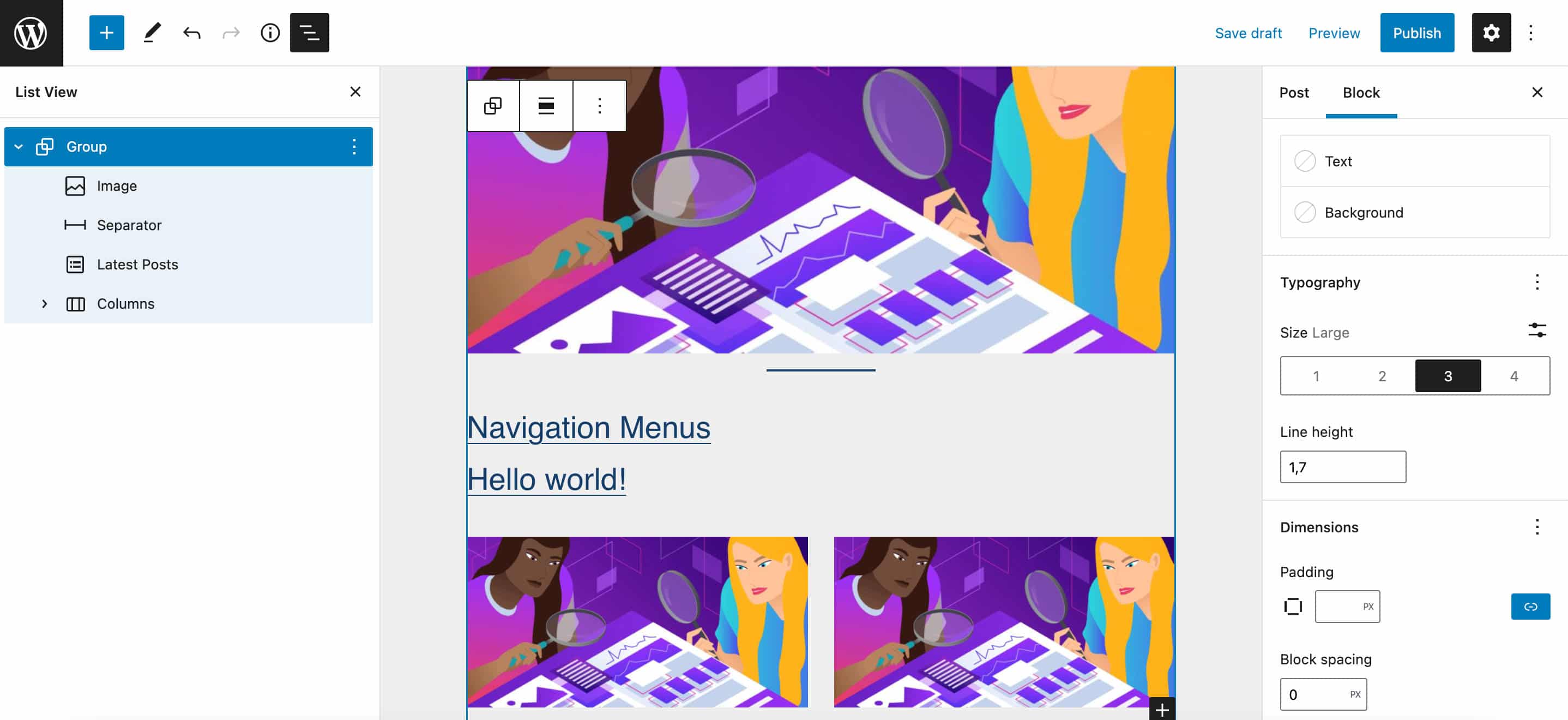 グループブロックのタイポグラフィ設定