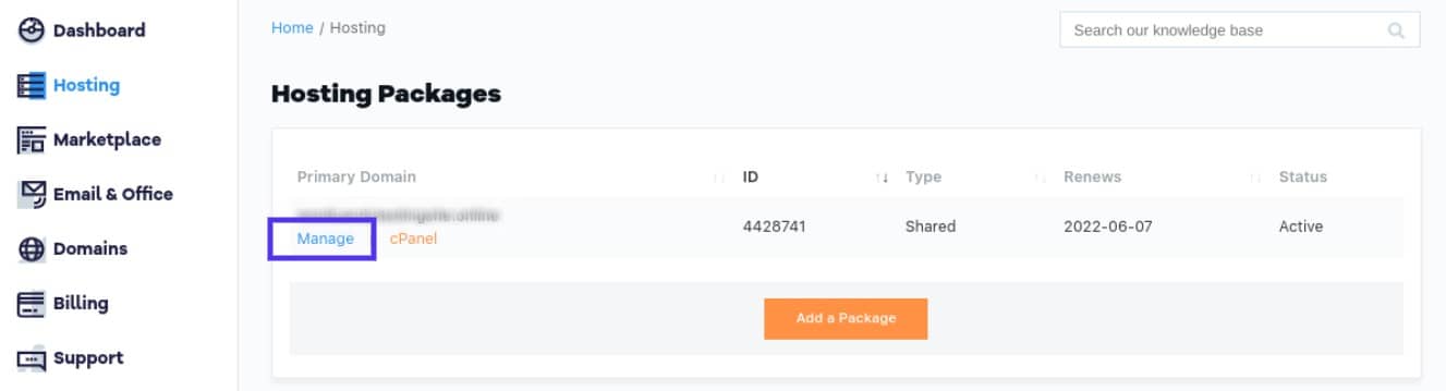 Select manage under the hosting package section