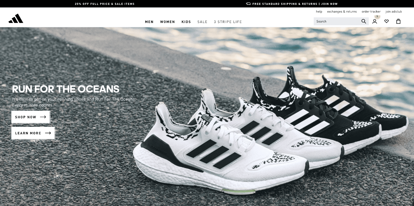 Ein Screenshot zeigt die Homepage von Adidas mit dem Text 