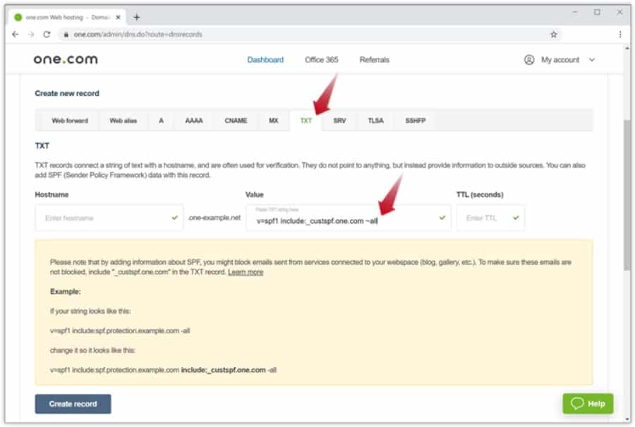 Anzeige eines Dashboards, auf dem du einen SPF-Eintrag hinzufügen kannst
