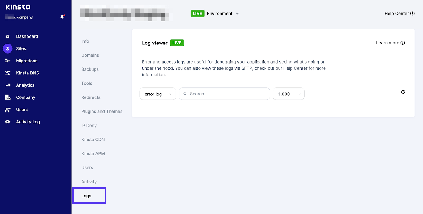Scheda Sidi in MyKinsta, da qui potete accedere alla scheda Registri