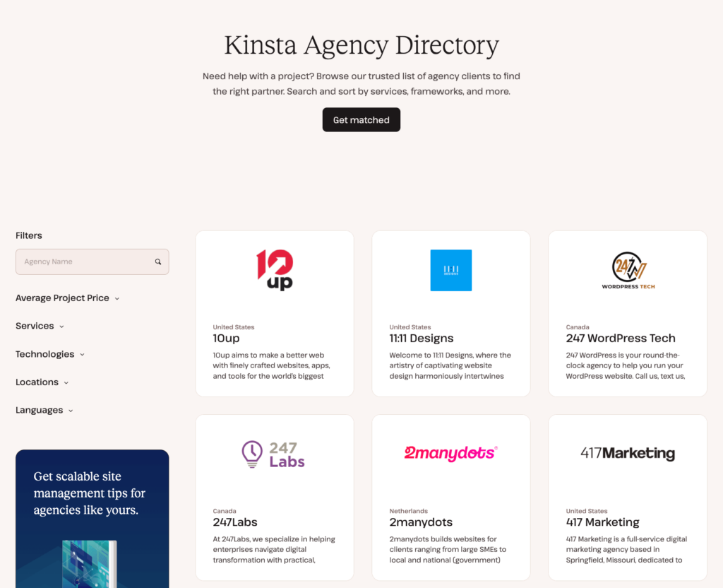 Image showing the Kinsta’s Agency Directory homepage
