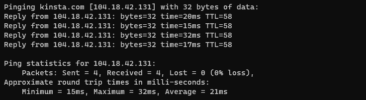 “Pinging” kinqsta.com to reveal its IP address