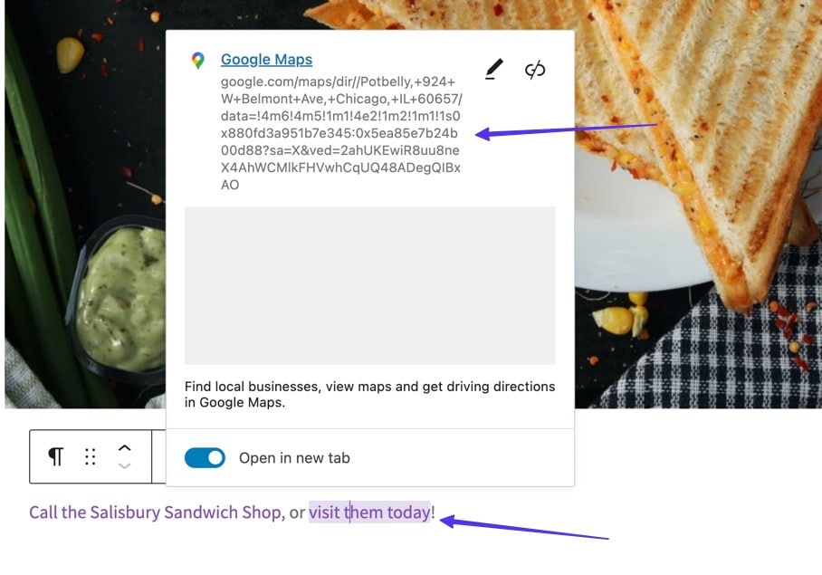 Schermata di un post WordPress dove in primo piano c’è il menu Gutenberg per l’inserimento di un URL: nel campo URL è stato inserito un URL di Google Maps
