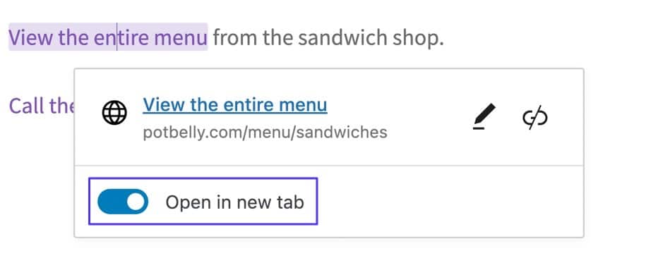Menu di Gutenberg con la finestra