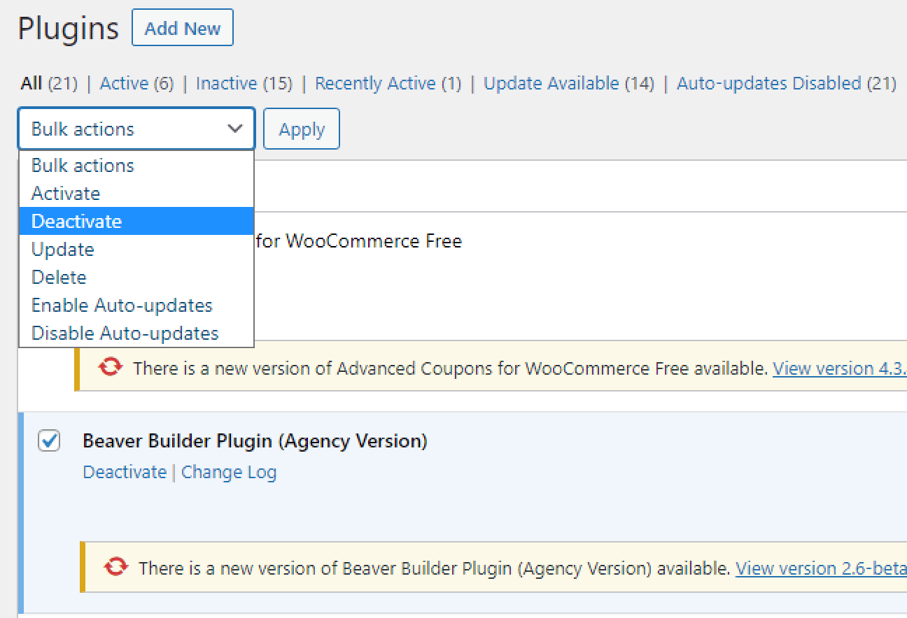 Deaktivere plugins i bulk i WordPress
