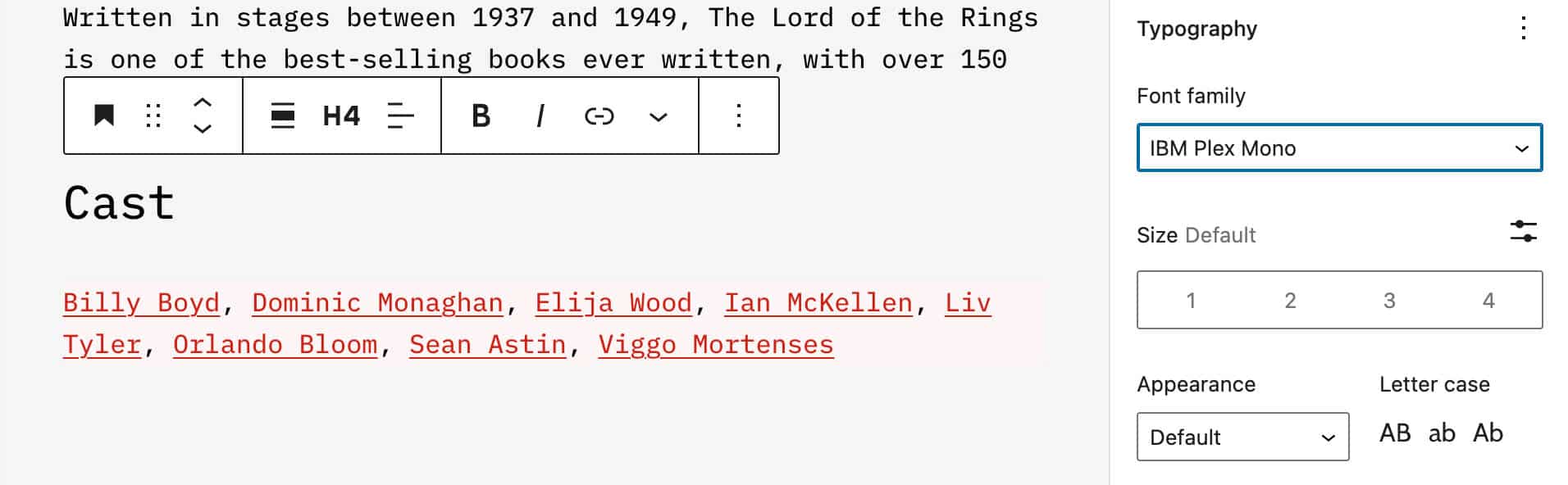 Ställer in en egen typsnittsfamilj i ett rubrikblock