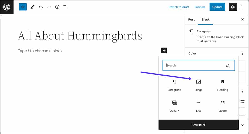 Schermata dell’editor a blocchi di WordPress con il box dei blocchi disponibili.