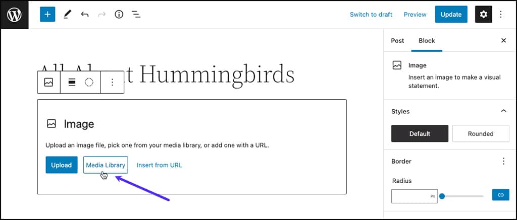 Schermata dell’editor a blocchi di WordPress da cui scegliere la libreria media come fonte dell’immagine