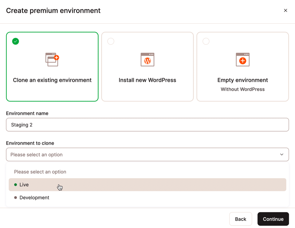 Entscheide, wie die neue Staging-Umgebung gestartet werden soll.