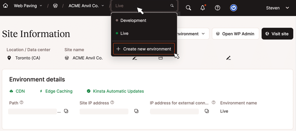 Beginn des Prozesses zur Erstellung einer neuen Staging-Umgebung in MyKinsta.