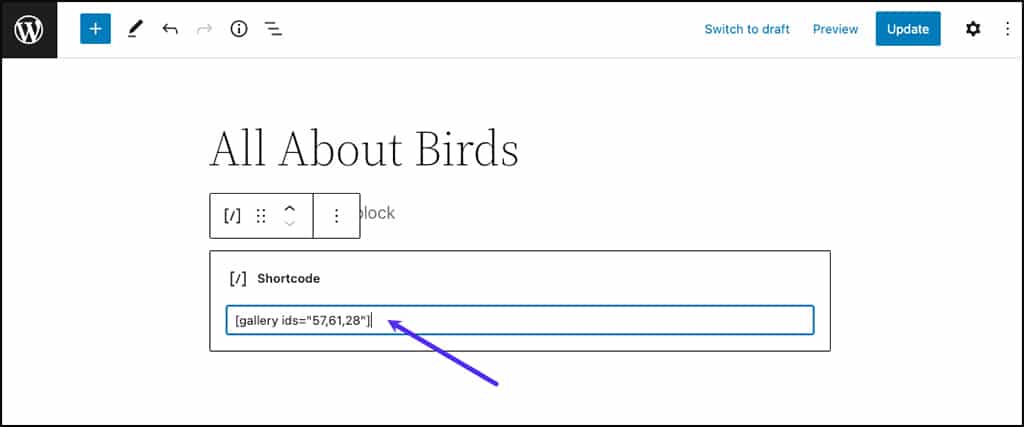 Modifica di un blocco shortcode nell'editor a blocchi di WordPress: nella finestra modale dei blocchi compare il blocco shortcode e un codice relativo alla galleria