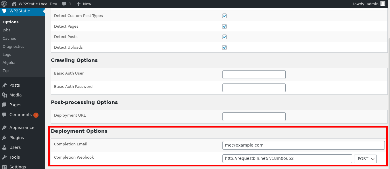 Oprettelse af en statisk version af et WordPress-websted i WP2Static