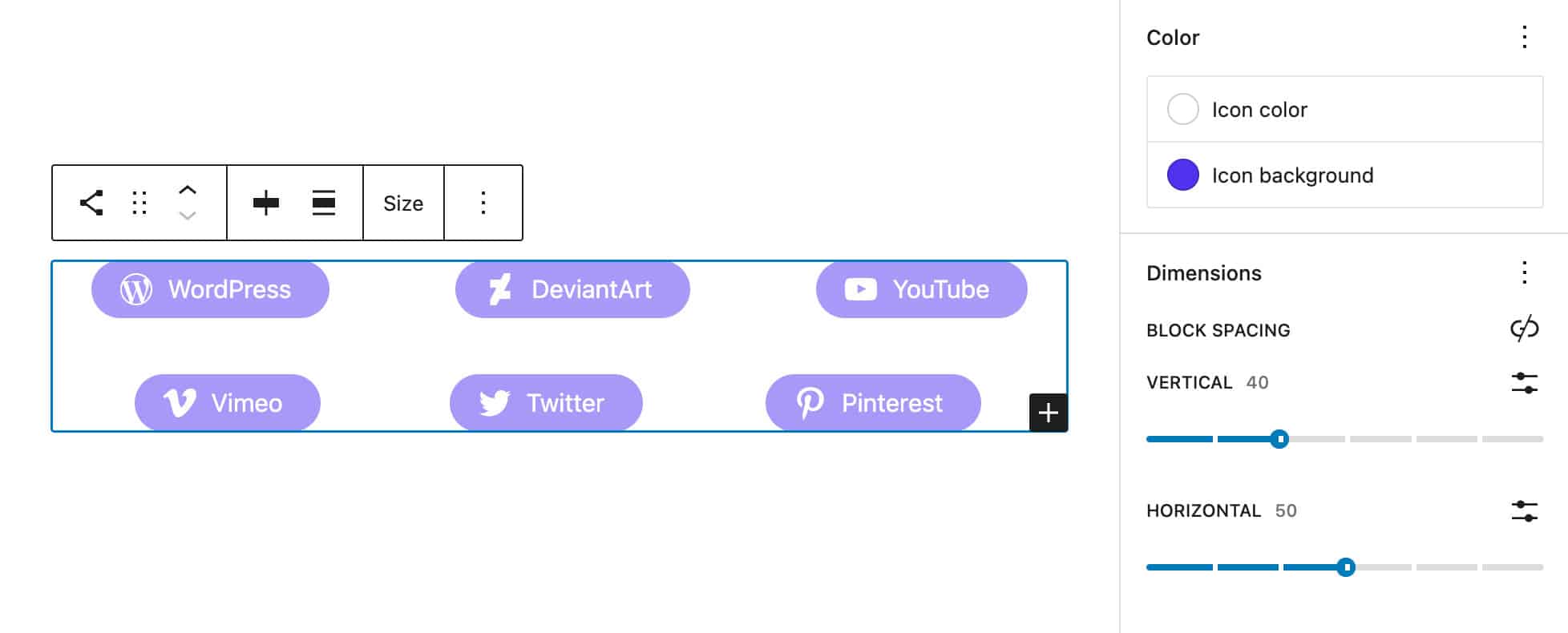 Blockavståndskontroller för blocket Sociala ikoner