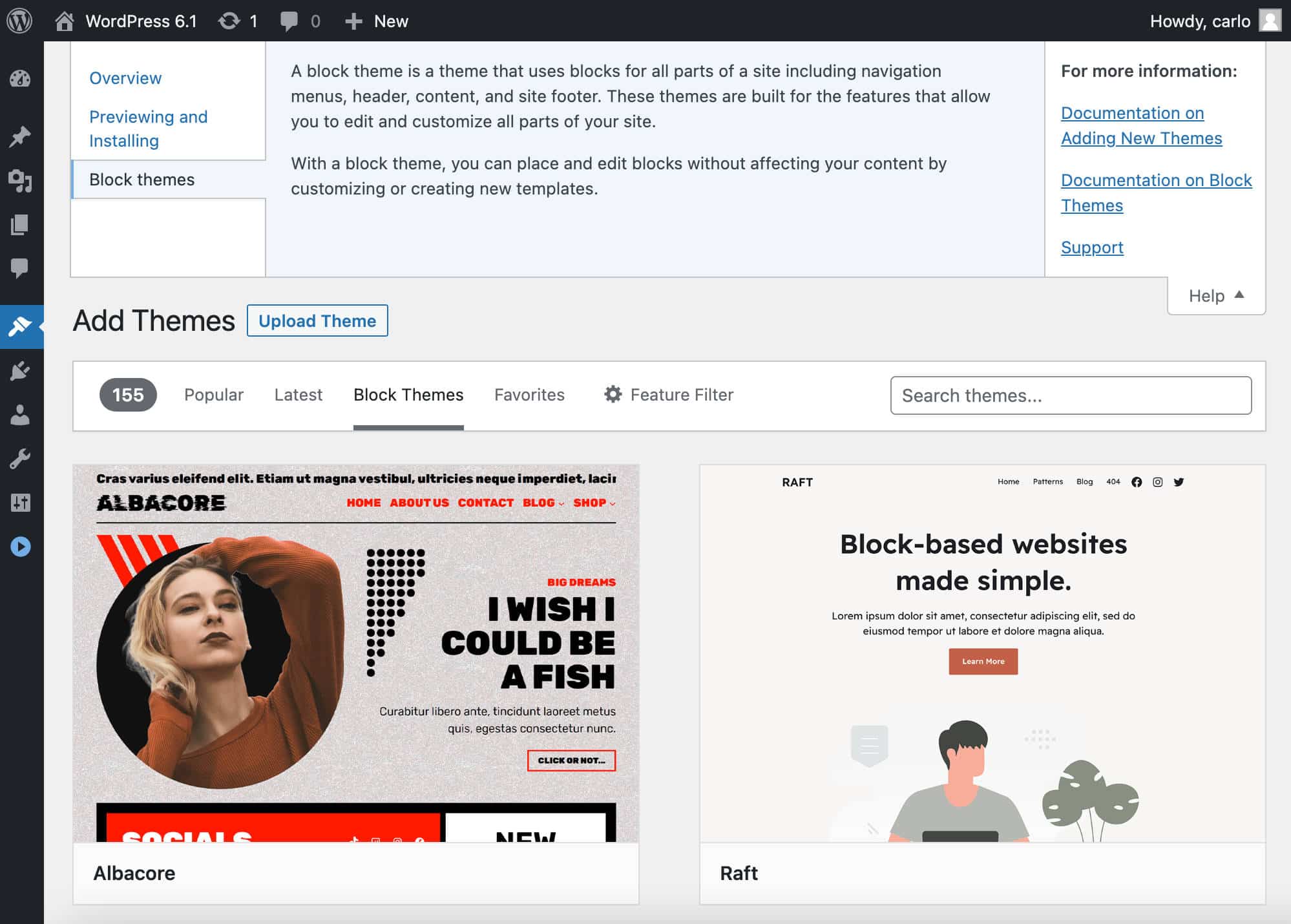 Blockteman och hjälpfliken på installationsskärmen för teman