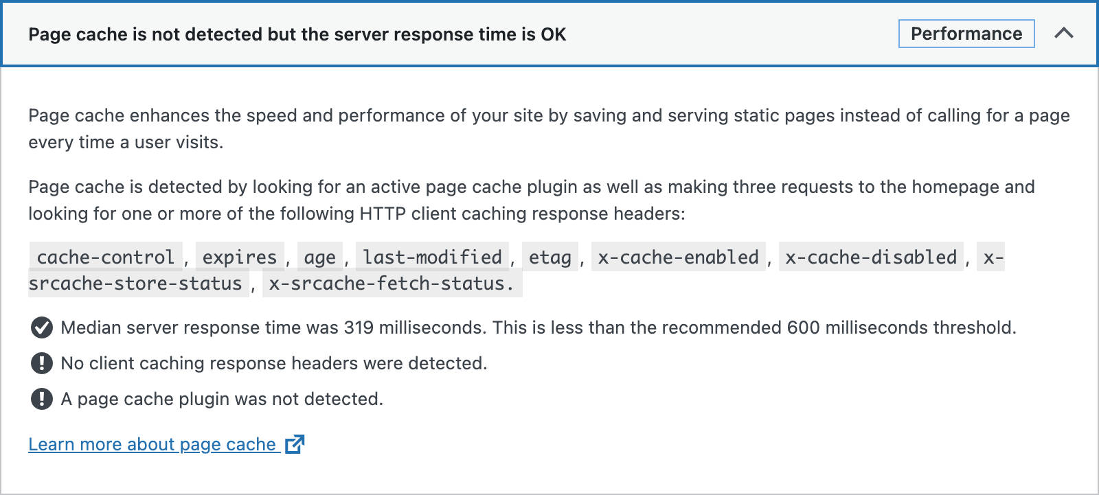 Helsidescache-testresultat i Webbplatshälsa
