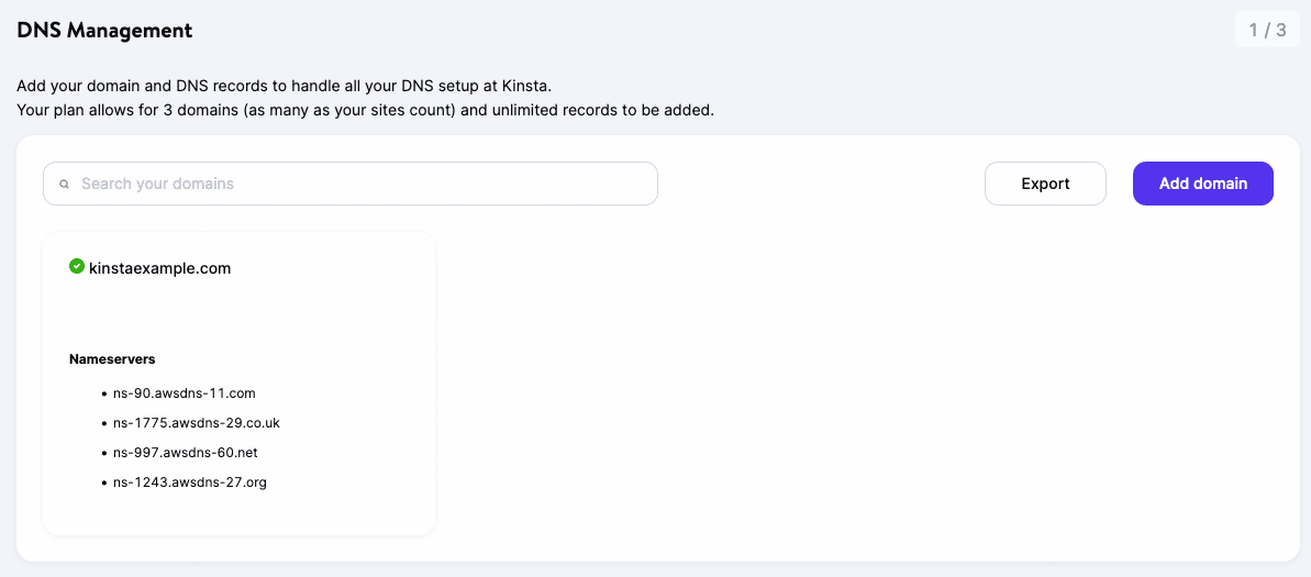 Kinsta's Amazon Route 53 nameservers in MyKinsta.