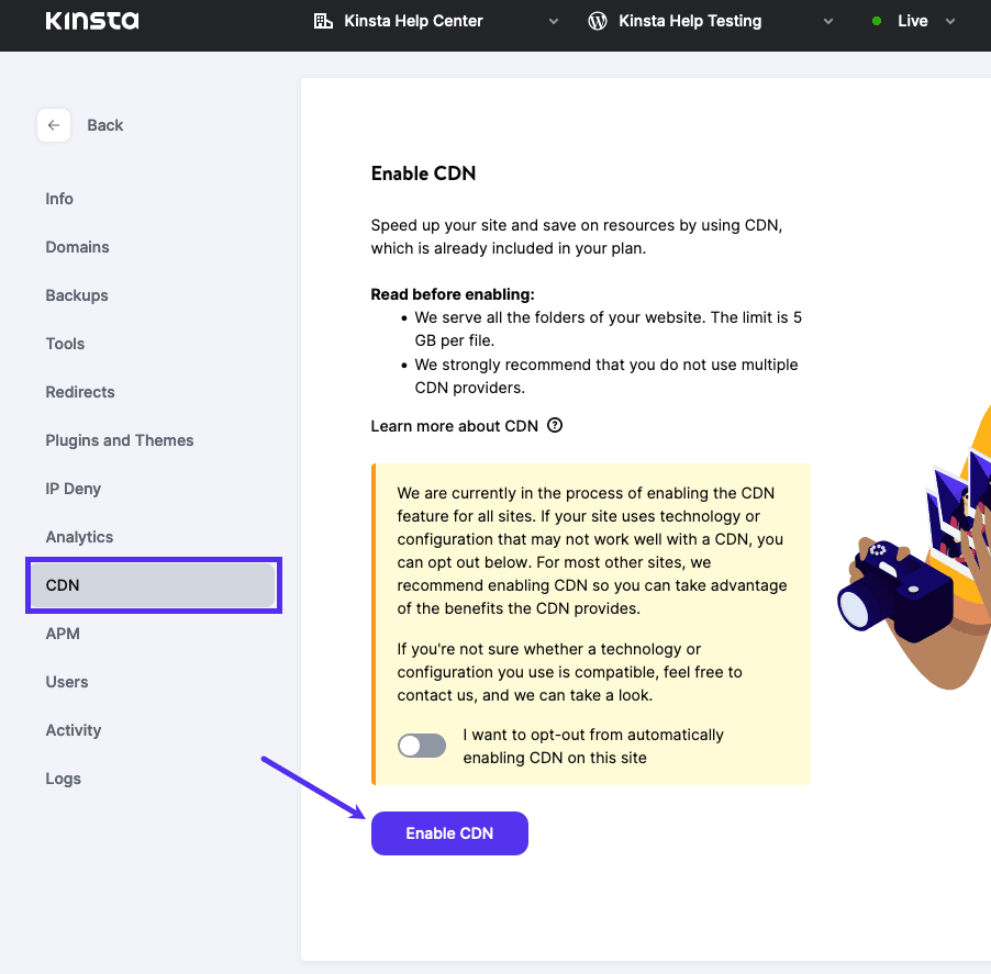 Activer le CDN de Kinsta dans MyKinsta.
