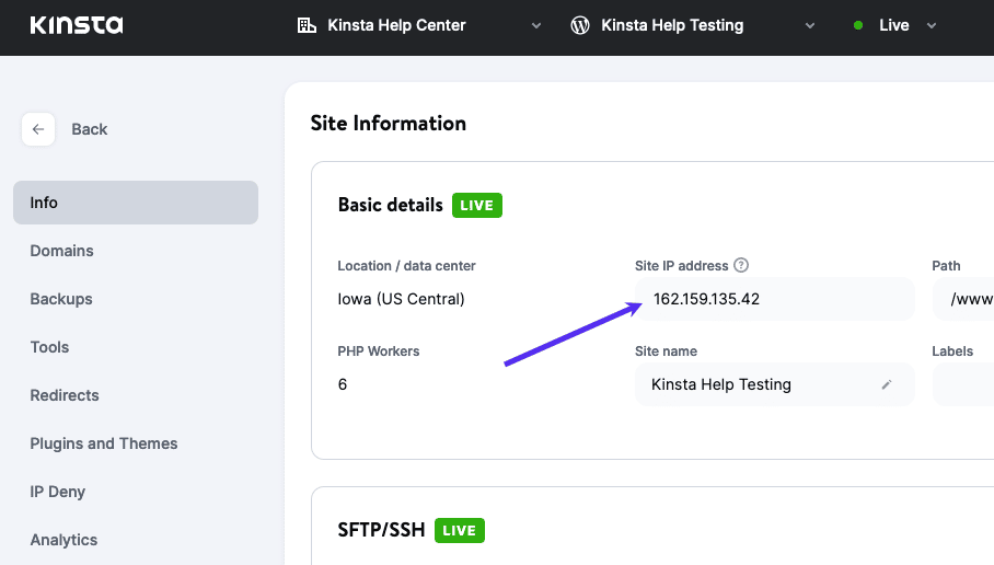 Site IP Address in MyKinsta Trovare l'indirizzo IP del sito in MyKinsta.