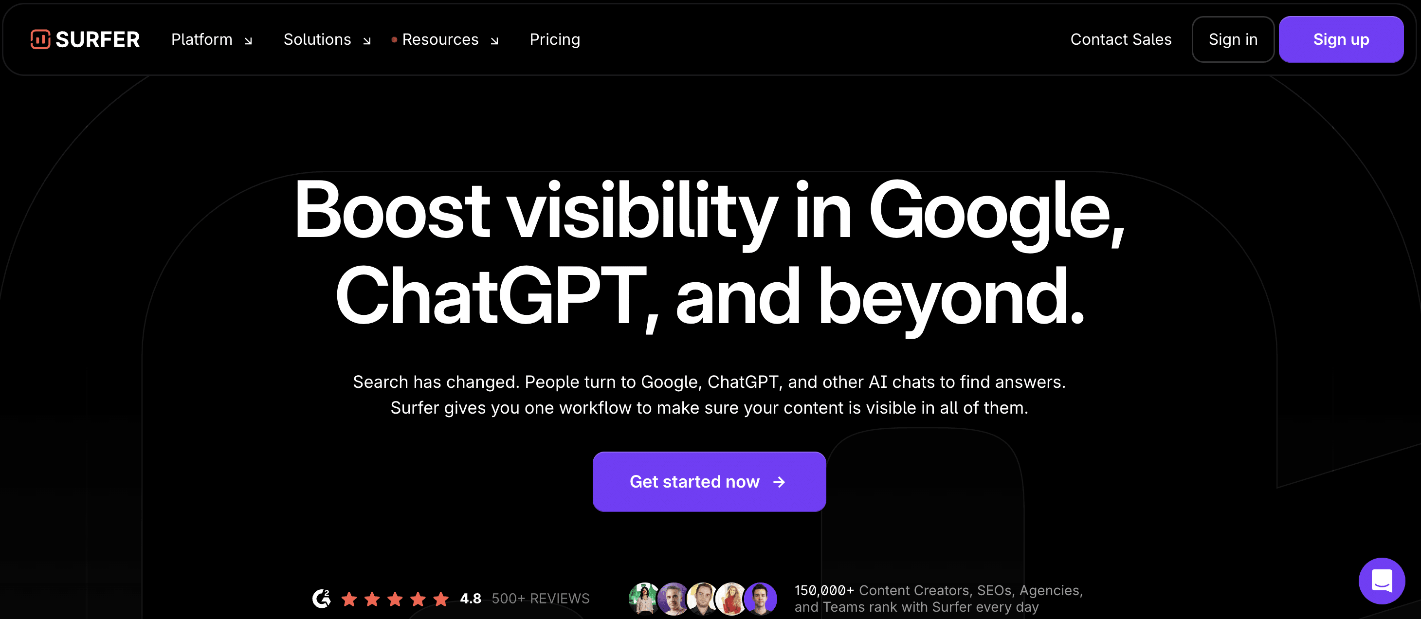 A screenshot of SurferSEO's homepage