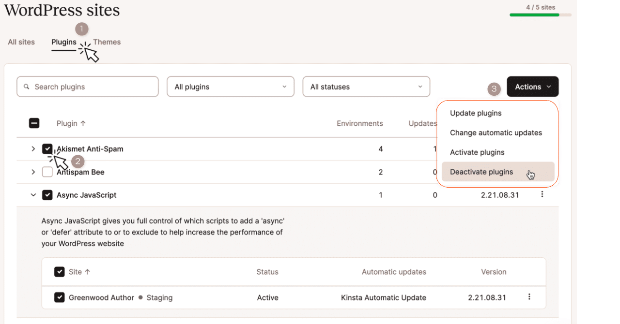 Screenshot of the MyKinsta dashboard with a number of plugins flagged for disabling.