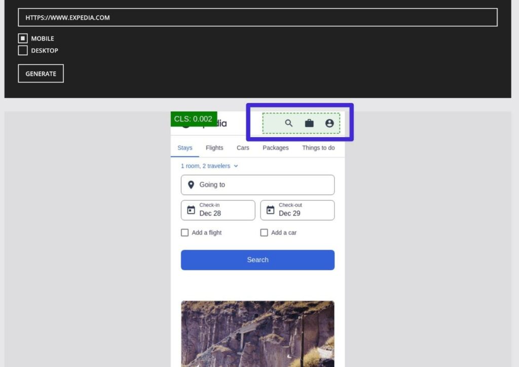 Das Tool hebt einzelne Layoutverschiebungen in Grün hervor