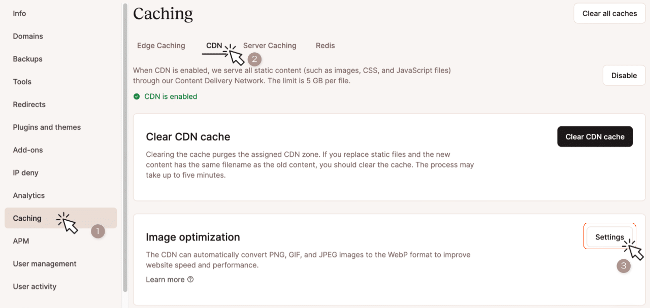 A screenshot of the CDN settings page in MyKinsta with the Image Optimization option highlighted.