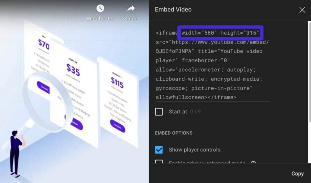 Ein Beispiel für die Abmessungen eines iframe im Einbettungscode