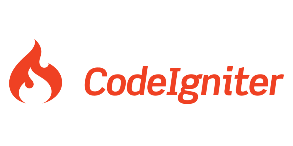 Il logo ufficiale di CodeIgniter con il testo e il logo a forma di fiamma in rosso.