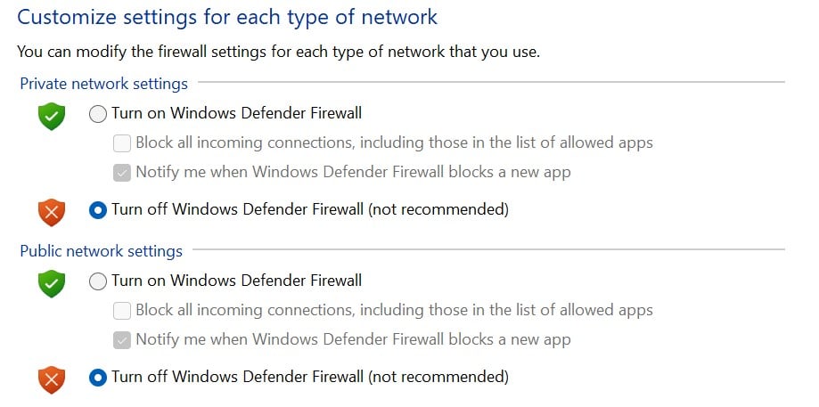 Turn the firewall off on Windows