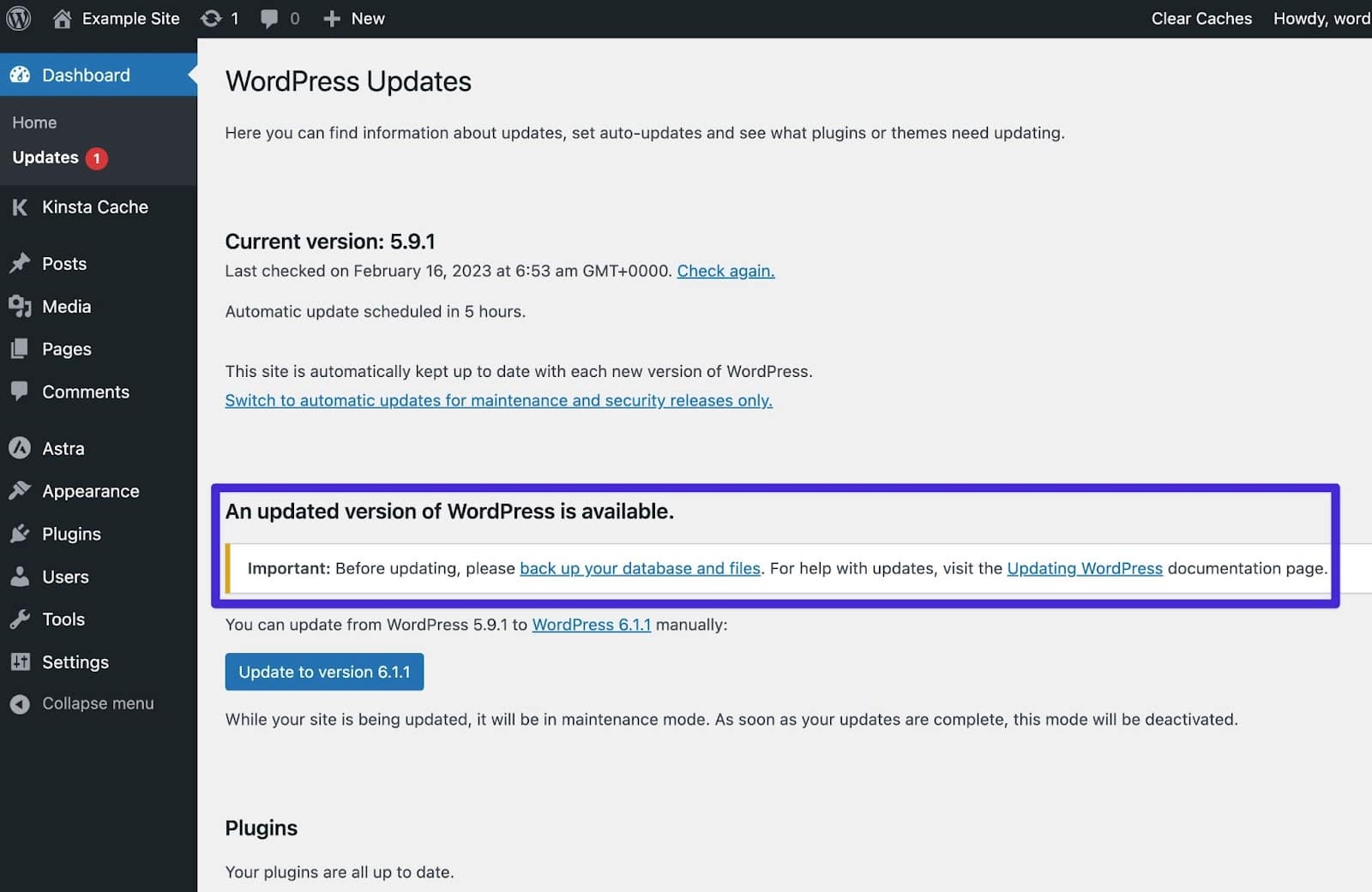 The WordPress update notice