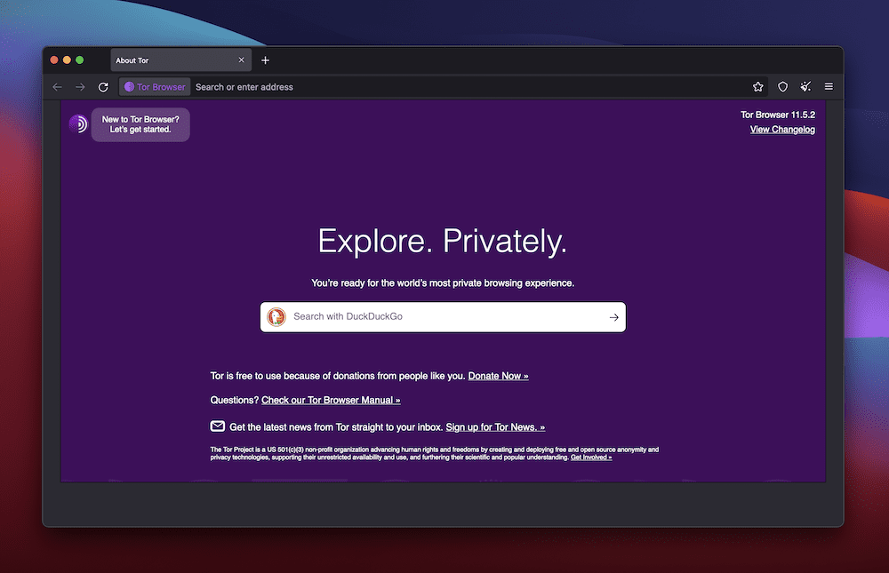 A Tor Browser window on a red, blue, and purple background. The screen shows the start page for the Tor Browser in purple that shows a DuckDuckGo search bar and a heading that reads, 