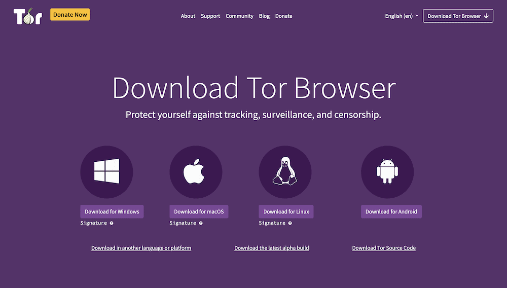 The Tor Browser download page in purple, showing a heading that reads, 