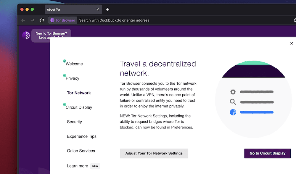 A Tor Browser window that shows part of the purple start screen, and a larger portion of the white onboarding wizard. Some of the left-hand navigation items show teal checkmarks, the central column shows text with the heading, 
