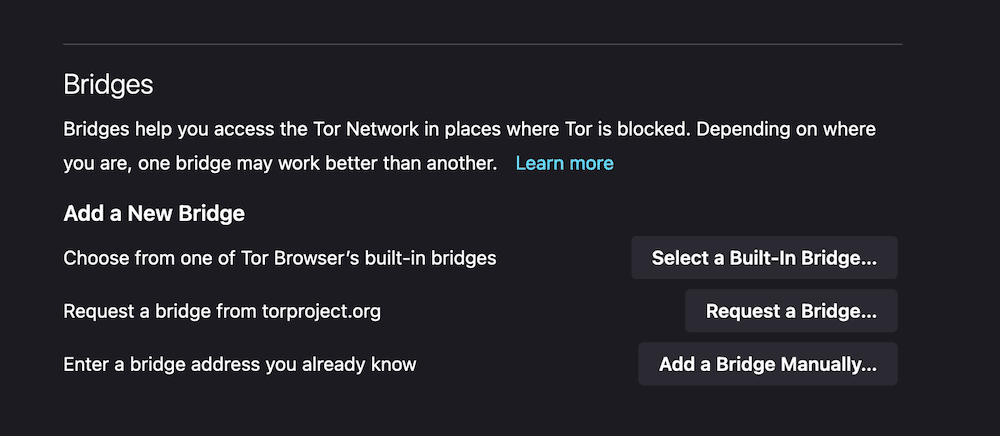 A small portion of the Tor Browser Connection screen that shows options to connect to bridges. The heading reads, 
