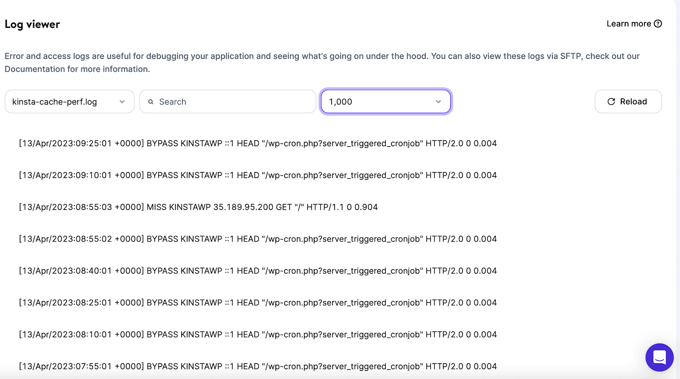 Visualizador de registros do MyKinsta