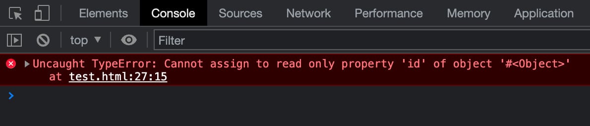 Uncaught TypeError : Cannot assign to read only property 'id' of object '#<Object>' dans Google Chrome