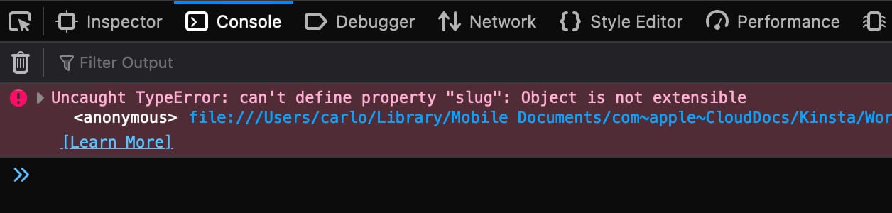 Uncaught TypeError : can't define property 