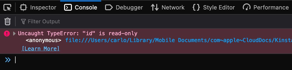 La réaffectation d'une propriété en lecture seule provoque une erreur de type (Uncaught TypeError)