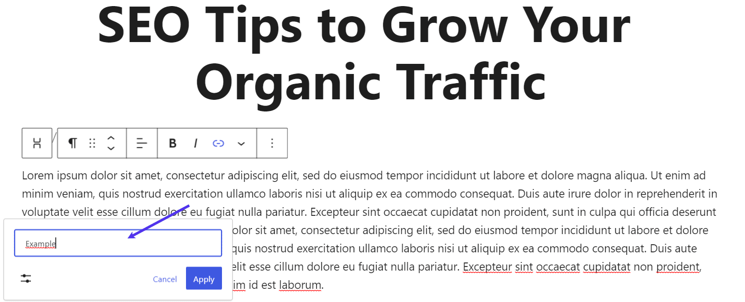 Recherche d'options de liens internes dans l'éditeur de blocs.