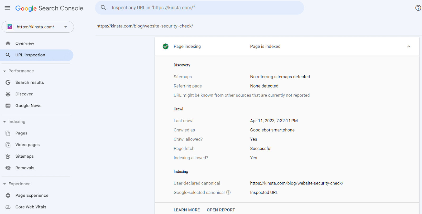 Vérification de l'indexation de la page.
