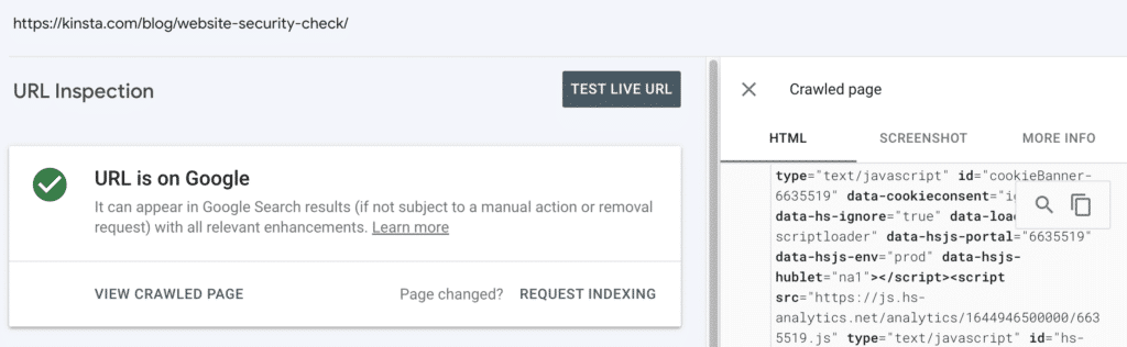 HTML rendu par la Search Console de Google