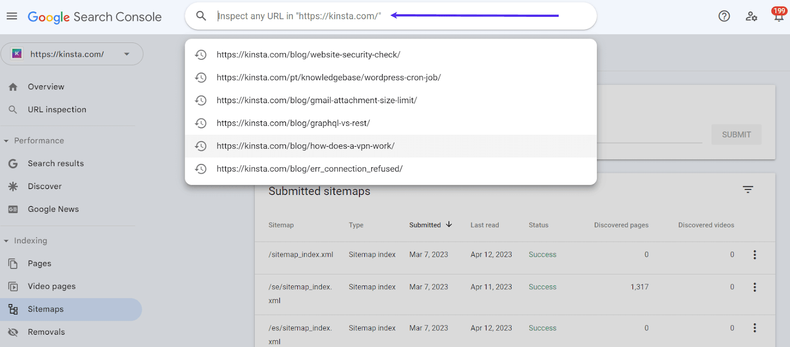 L'outil d'inspection des URL dans Google Search Console.