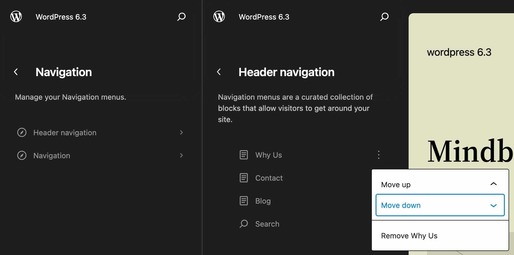 Menus de navigation dans l'éditeur de site